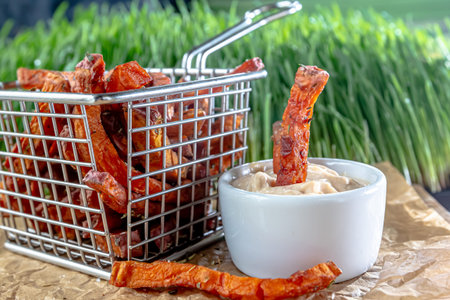 deep fried potato fries sweet potato in a fat frying basket, unhealthy and junk food concept.