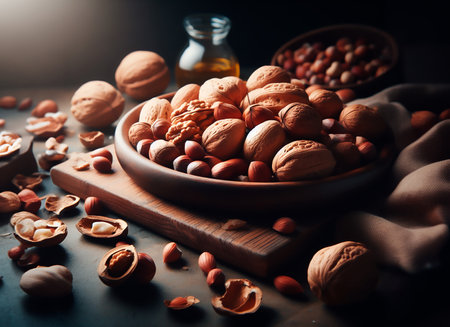 Walnuts, hazelnuts, almonds and hazelnuts on a dark background.の素材