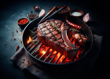 Grilled rib eye steak with vegetables.の素材