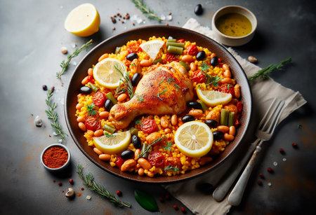 Paella with rice, seafood and chicken is on a plateの素材