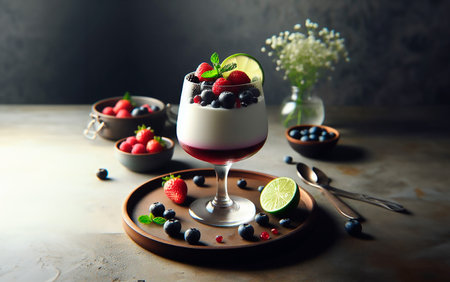 Panakota dessert made of fresh berries with cream is in a glass glass.の素材