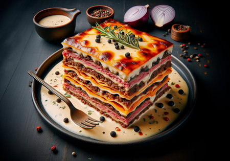 Lasagna with meat and mushrooms is on a plate.の素材