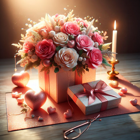 Valentine's day. A gift and a bouquet of flowers.の素材