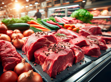 Fresh raw beef meat with vegetables on counter in supermarket or grocery storeの素材