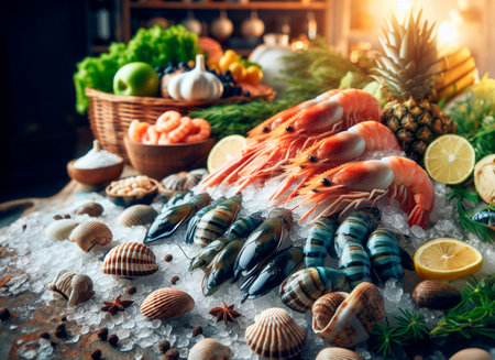 Fresh fish and seafood are sold in the store.の素材