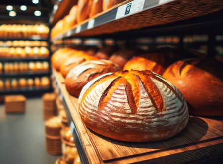 Bread on the shelf in the supermarket. Selective focus.の素材
