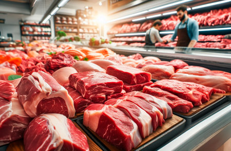 Fresh meat in the supermarket. Shallow depth of field. Selective focus.の素材