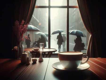 A cup of hot tea or coffee on a rainy morning when it's raining outside the window.の素材
