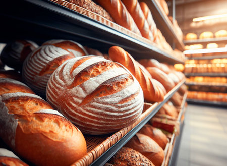 Fresh Bread is on the shelves in the store.の素材