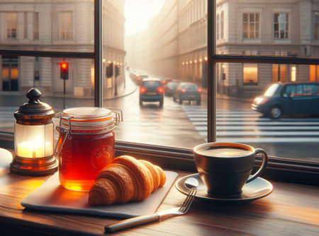 Coffee cup and croissant on a table in front of the windowの素材