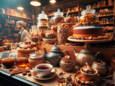 Traditional oriental sweets and tea on the counter of a coffee shopの素材