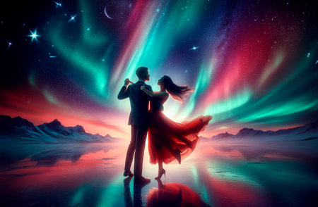A boy and a girl dancing on the background of the northern lights.の素材