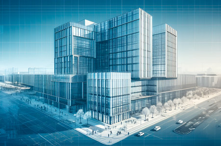 Modern office buildings on the background of the city. 3d renderingの素材