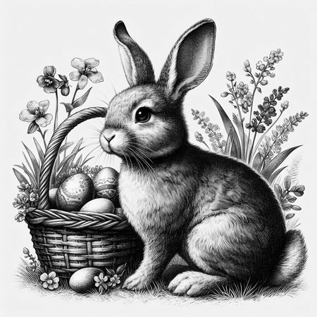 Vintage engraving of Easter bunny with basket of eggs.の素材