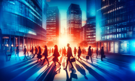 Business people walking in the city at sunset. 3D rendering.の素材
