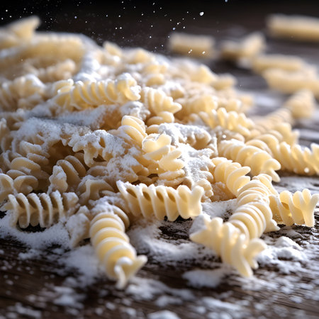 Fusilli pasta with flour on wooden background. Selective focus.の素材
