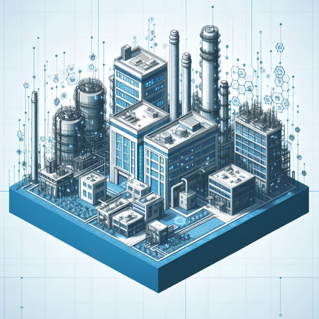 3d isometric vector illustration of a modern city with buildings, skyscrapers and industrial facilities.の素材