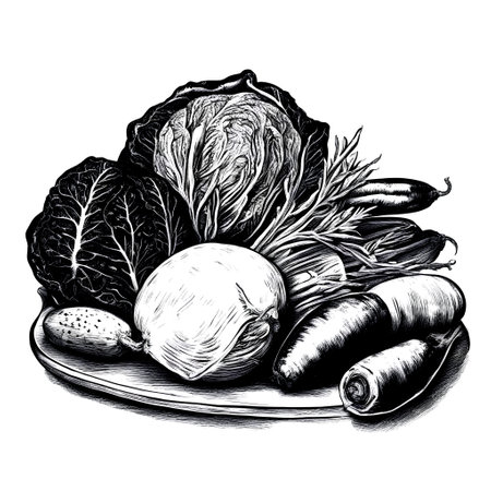 Black and white engraving illustration of fresh vegetables on a plateの素材