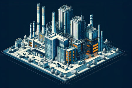 Factory in the city. 3D rendering, 3d illustration.の素材
