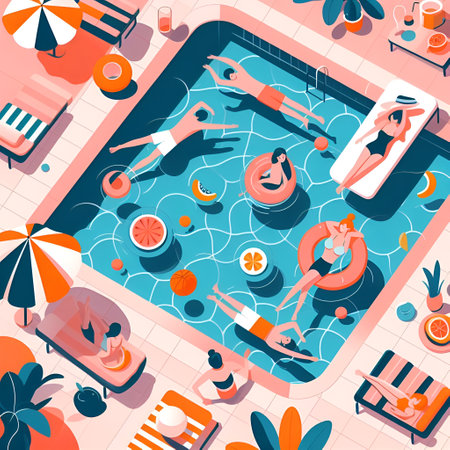 People relax in the swimming pool, top view. Vector illustration.の素材