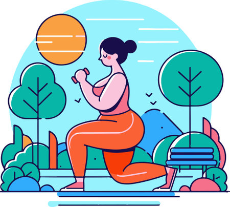Fat woman running in the park. Vector illustration in flat style.の素材