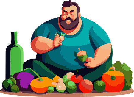 Illustration of a fat man with a beard and mustache cutting vegetablesの素材