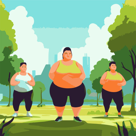 Fat people in the city park. The fight against excess weight. Healthy lifestyle.の素材