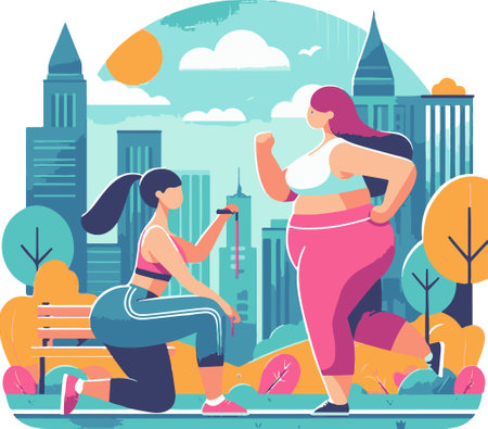 illustration of fat woman doing fitness exercises in the city park. The fight against excess weight. Healthy lifestyle.の素材