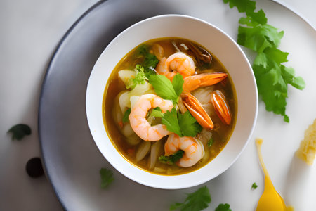 Tom yum soup with shrimps and noodles in a bowlの素材