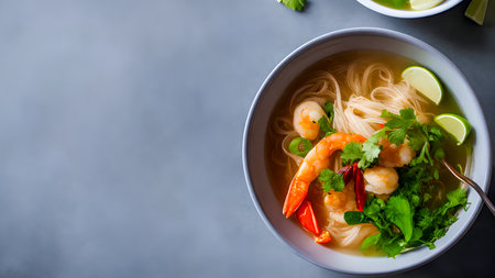 Thai noodle soup with shrimps, prawns and limeの素材