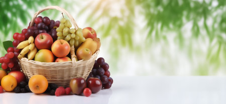 Basket of fresh fruits on white table with bokeh backgroundの素材