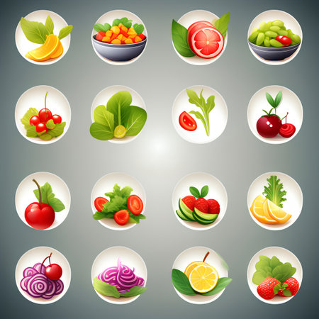 Fruits and vegetables icons set. Vector illustration of fresh fruits and vegetables iconsの素材