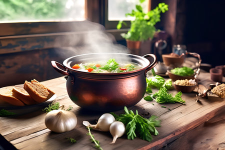 Vegetable soup in a copper pot on a wooden table.の素材