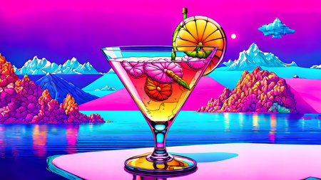 Illustration of a cocktail in a glass on the background of mountainsの素材