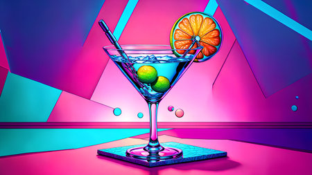 Cocktail with lime and ice in a martini glass. 3d illustrationの素材