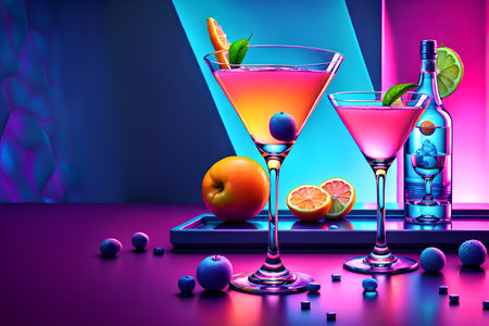 Cocktails in martini glasses on a dark background.の素材