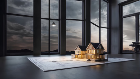 Photo pour House model and blueprint in a room with window view. 3D rendering - image libre de droit