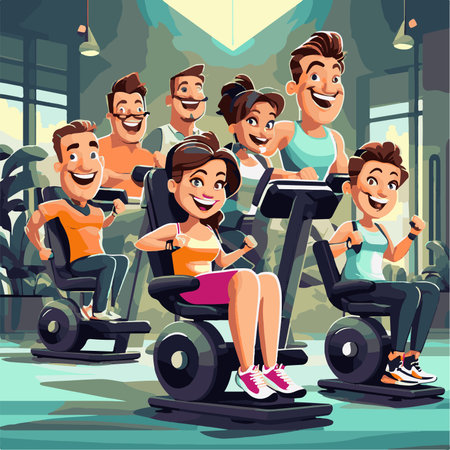 Group of happy people exercising on exercise bikes. Cartoon vector illustration.の素材