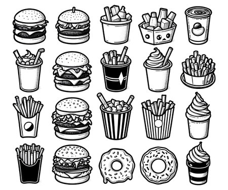 Fast food hand drawn doodle icons set. Vector illustration.の素材