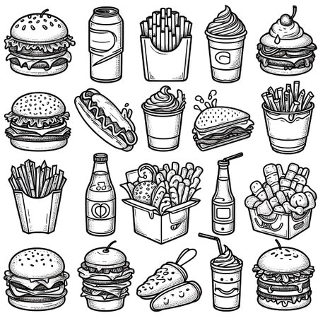 Fast food doodle icons set. Hand drawn vector illustration.の素材