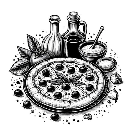 Pizza and ingredients. Black and white hand drawn vector illustration.の素材