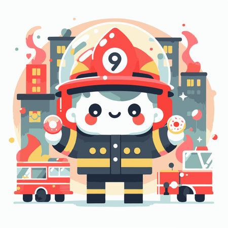 Fireman and fire truck. Cute cartoon character. Vector illustrationの素材