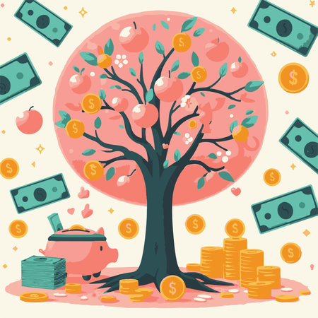 Vector illustration of a tree with money and piggy bank on itの素材