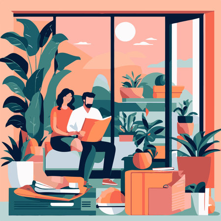 People sitting on the windowsill and reading books. Flat vector illustration.の素材