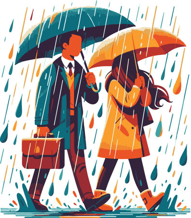 Couple in rain with umbrella and briefcase. Vector illustration.の素材