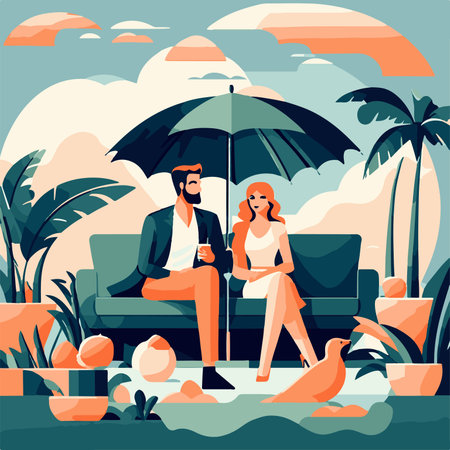Man and woman sitting on the sofa under an umbrella. Vector illustrationの素材