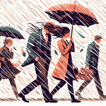 Business people walking under the rain. Vector illustration in sketch style.の素材