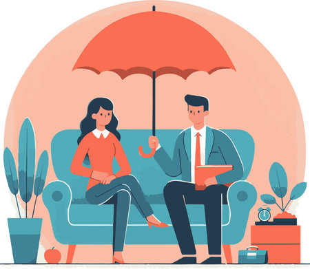 Man and woman sitting on the couch in the living room under an umbrella. Vector illustration.の素材
