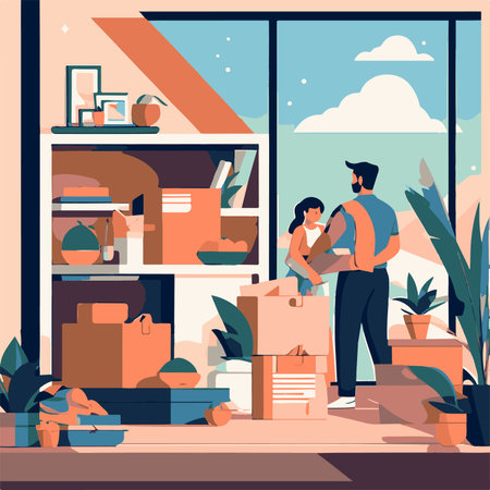 Moving house concept. Young couple moving to new house. Vector illustrationの素材