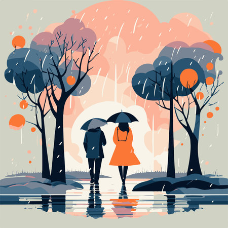 Vector illustration of two girls walking in the rain in the park.の素材